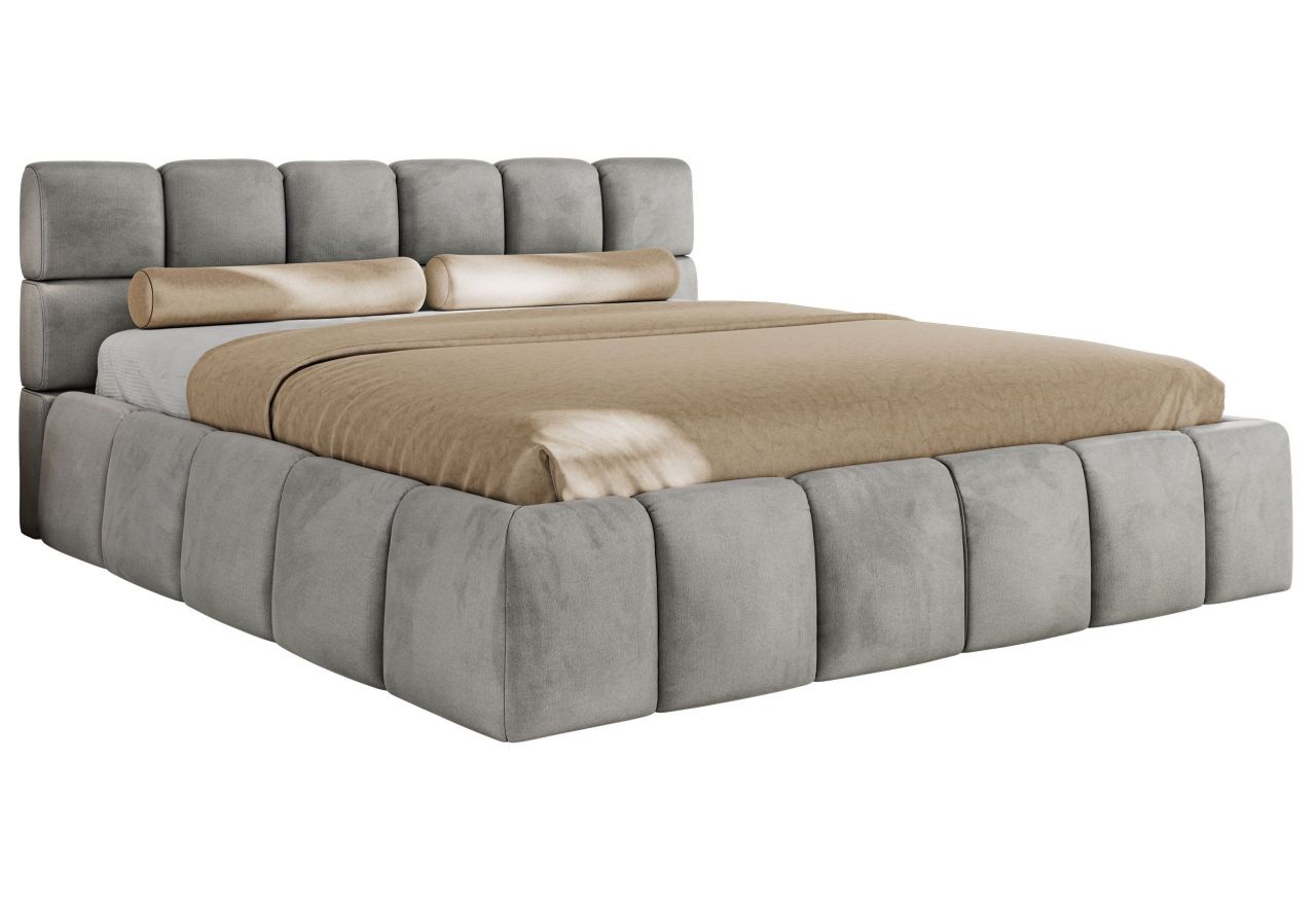 Łóżko tapicerowane NIRA CLASSIC 200x200 - materac pocket - jasnoszary, welwet
