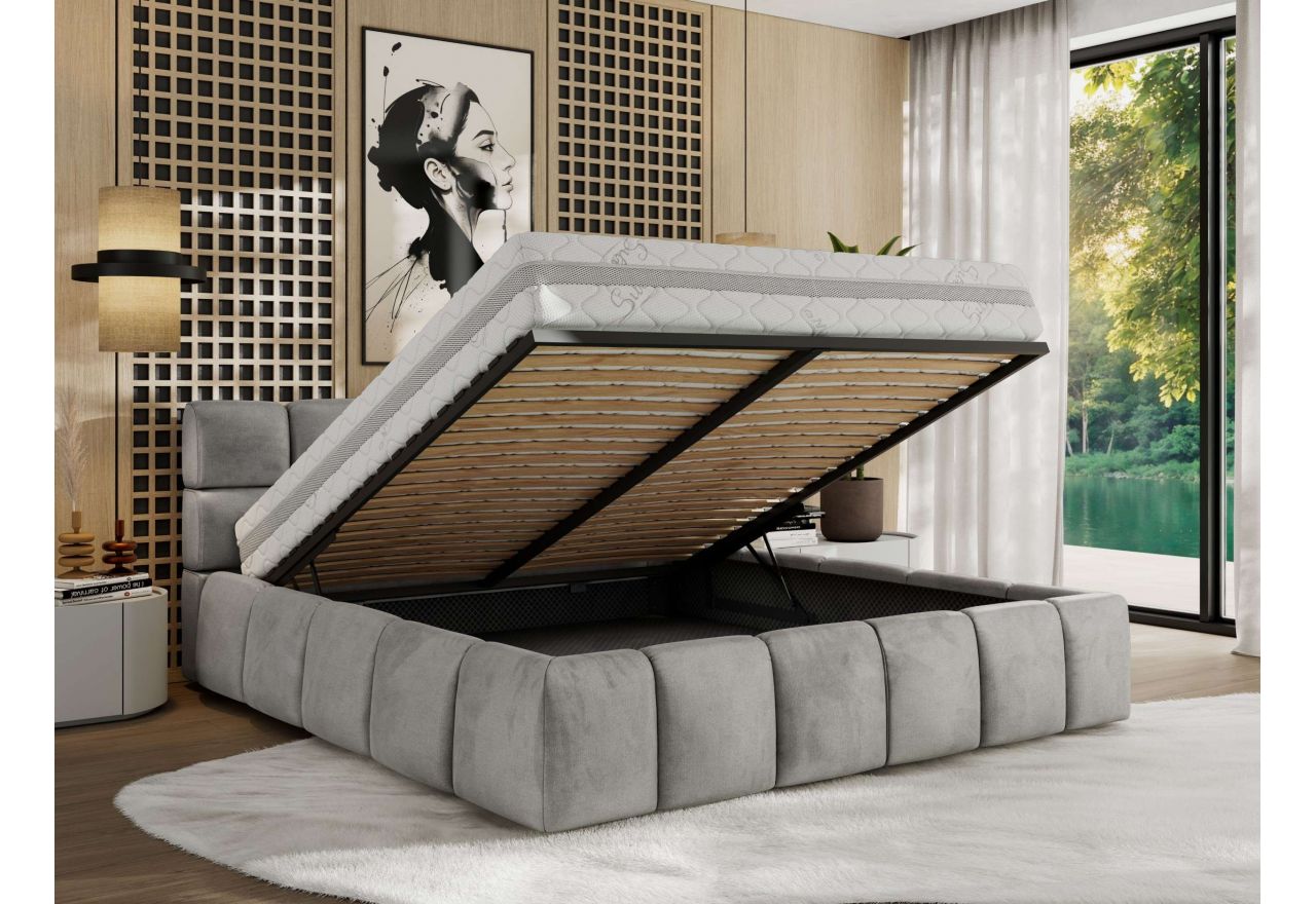 Łóżko tapicerowane NIRA CLASSIC 160x200 - materac multipocket - jasnoszary, welwet