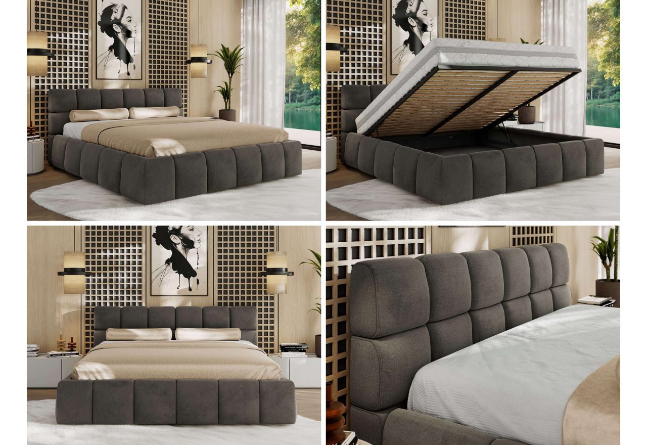 Łóżko tapicerowane NIRA CLASSIC 200x200 - materac multipocket - ciemnoszary, welwet