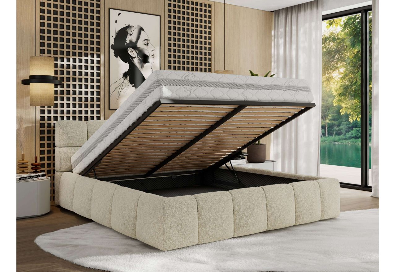 Łóżko tapicerowane NIRA CLASSIC 160x200 - materac pocket - kremowy, struktura
