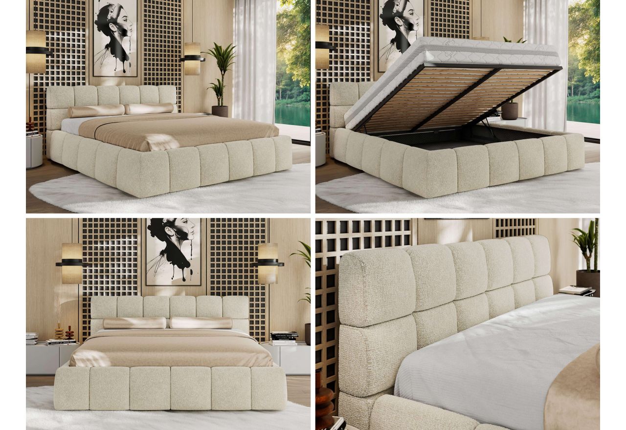 Łóżko tapicerowane NIRA CLASSIC 180x200 - materac pocket - kremowy, struktura