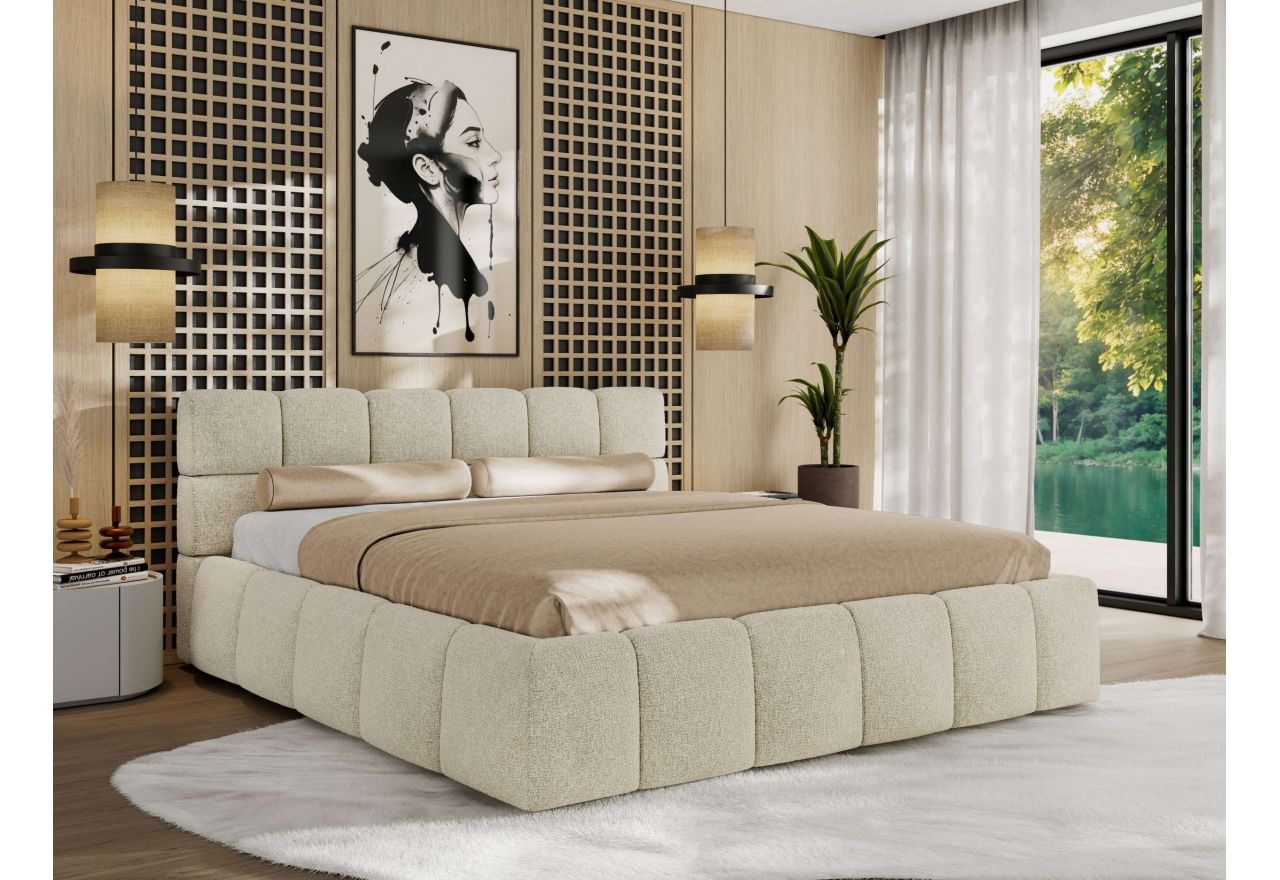 Łóżko tapicerowane NIRA CLASSIC 200x200 - materac pocket - kremowy, struktura