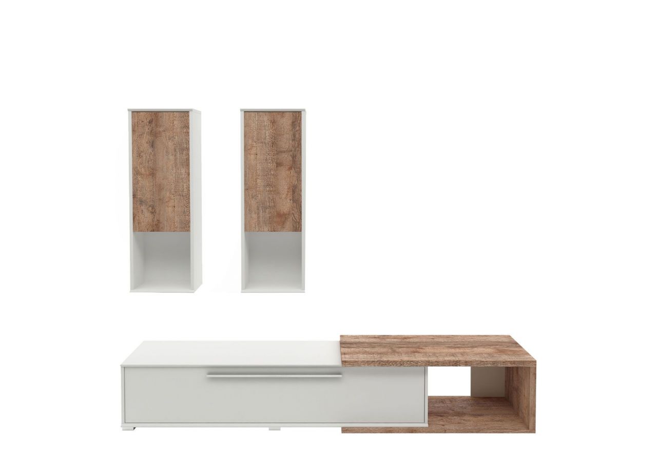 Nowoczesna meblościanka z szafkami wiszącymi, komodą RTV i opcją LED - NOWA Dąb samdal / biały