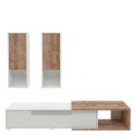 Nowoczesna meblościanka z szafkami wiszącymi, komodą RTV i opcją LED - NOWA Dąb samdal / biały