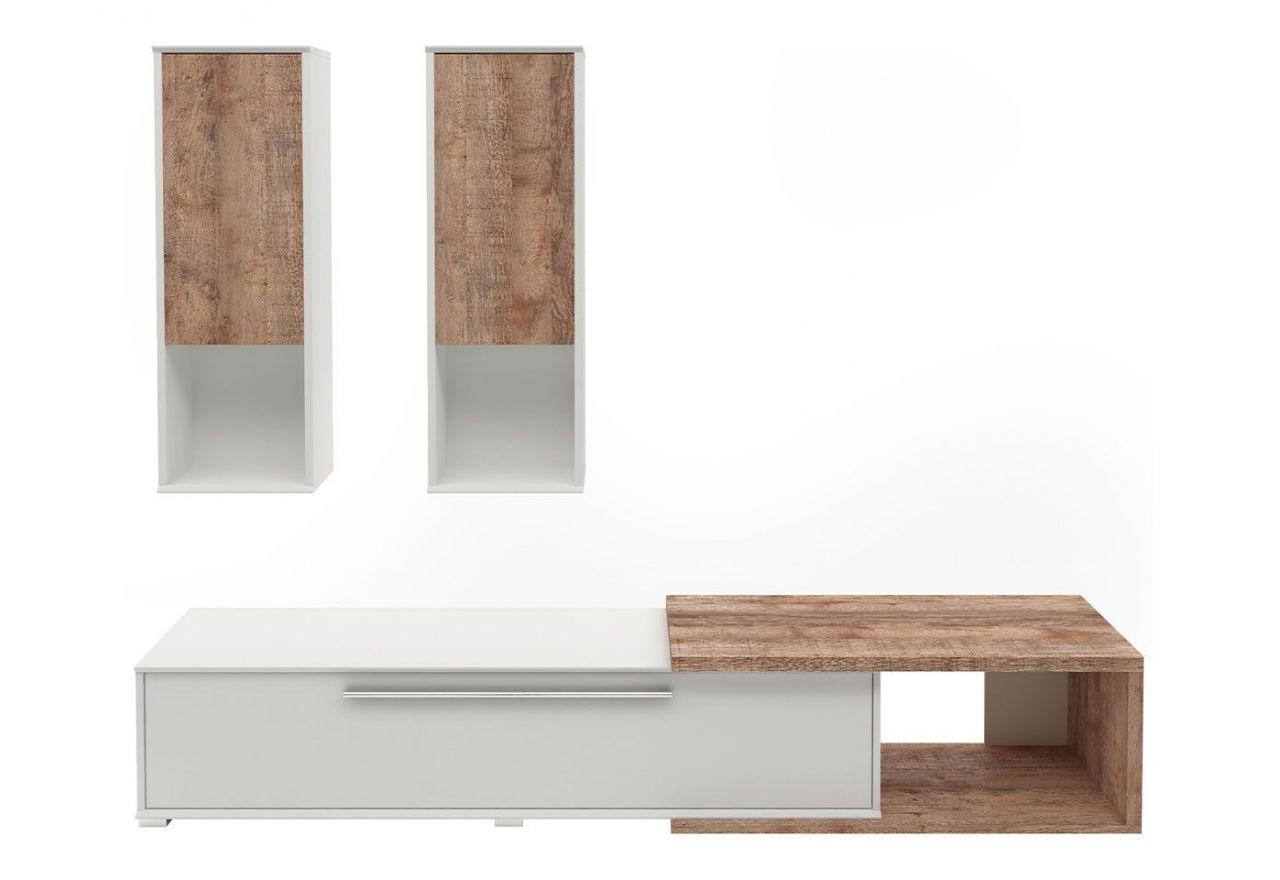 Nowoczesna meblościanka z szafkami wiszącymi, komodą RTV i opcją LED - NOWA Dąb samdal / biały