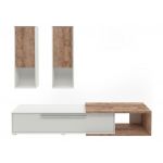Nowoczesna meblościanka z szafkami wiszącymi, komodą RTV i opcją LED - NOWA Dąb samdal / biały