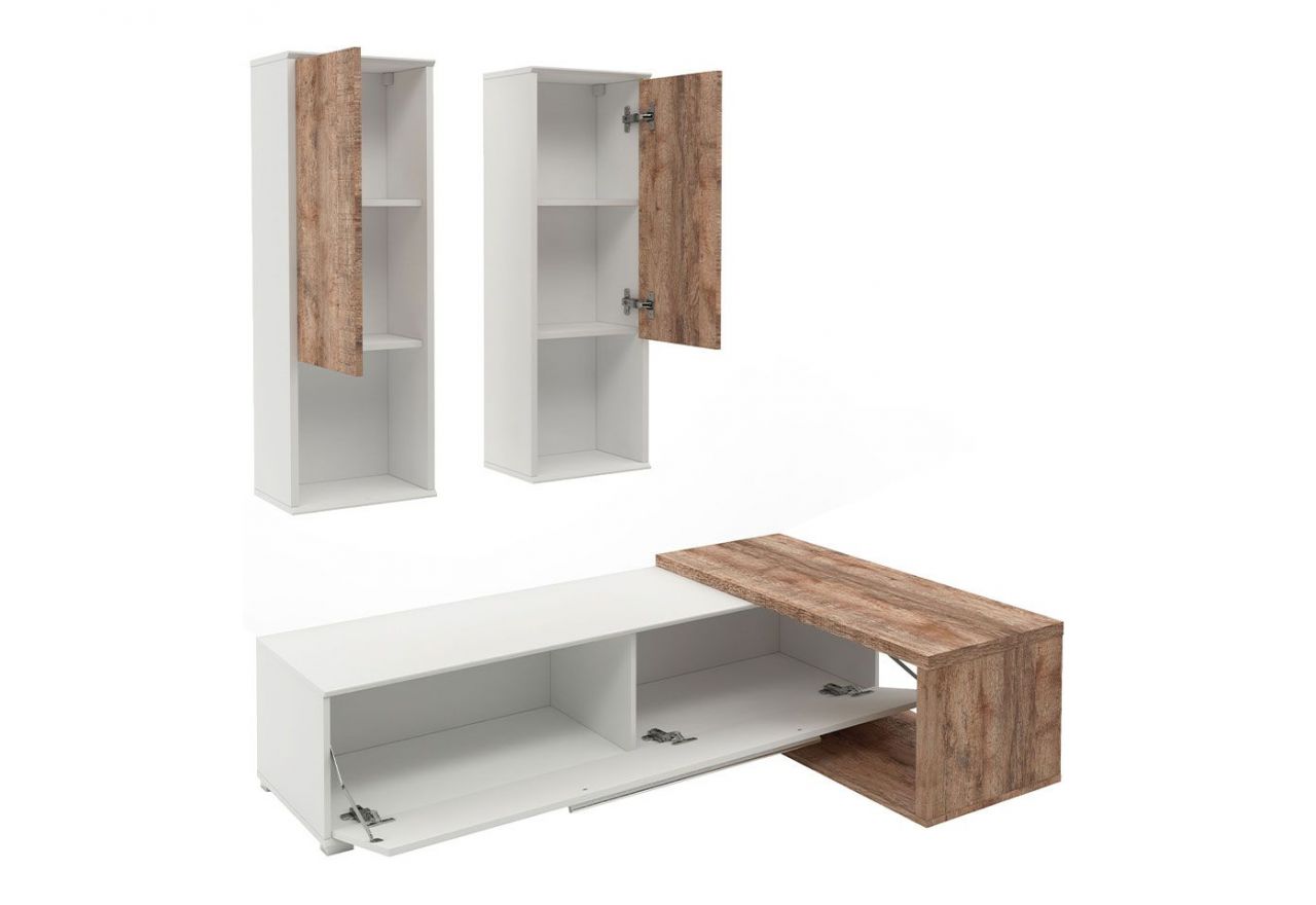 Nowoczesna meblościanka z szafkami wiszącymi, komodą RTV i opcją LED - NOWA Dąb samdal / biały