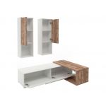 Nowoczesna meblościanka z szafkami wiszącymi, komodą RTV i opcją LED - NOWA Dąb samdal / biały
