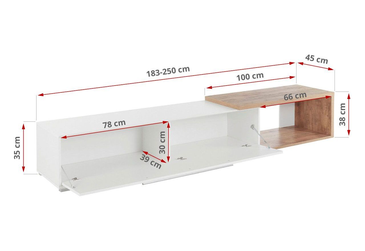 Nowoczesna meblościanka z szafkami wiszącymi, komodą RTV i opcją LED - NOWA Dąb samdal / biały