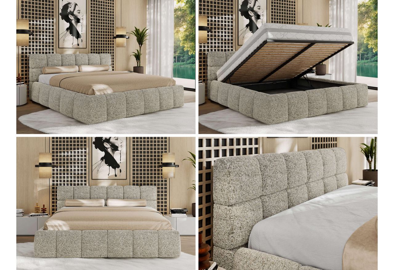Łóżko tapicerowane NIRA CLASSIC 180x200 - materac pocket - beżowy, struktura