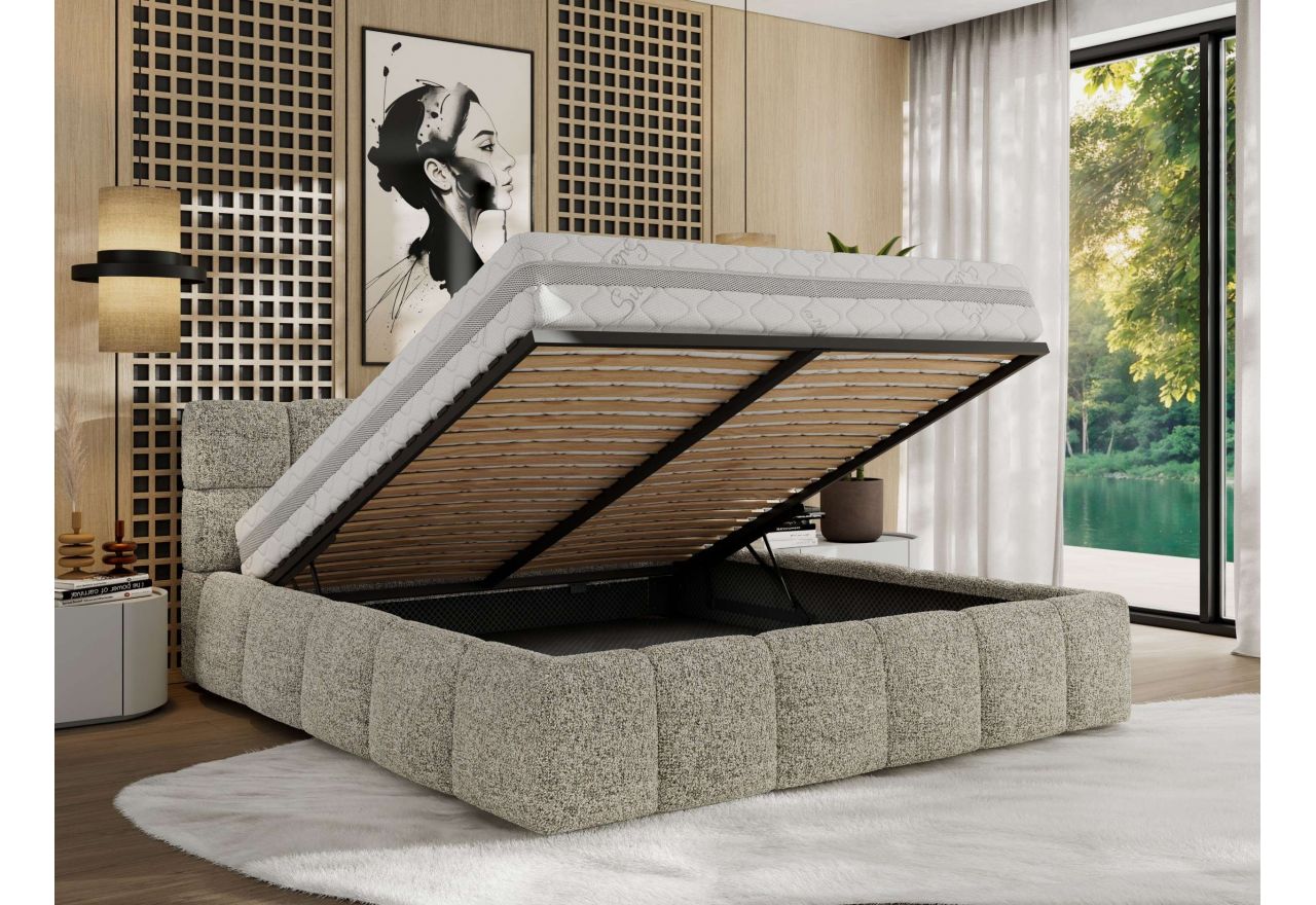 Łóżko tapicerowane NIRA CLASSIC 200x200 - materac pocket - beżowy, struktura