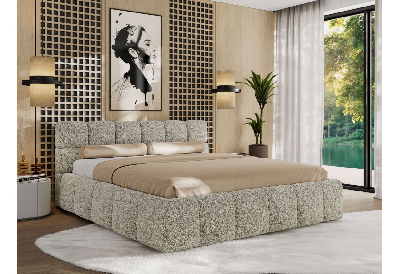 Łóżko tapicerowane NIRA CLASSIC 160x200 - materac multipocket - beżowy, struktura
