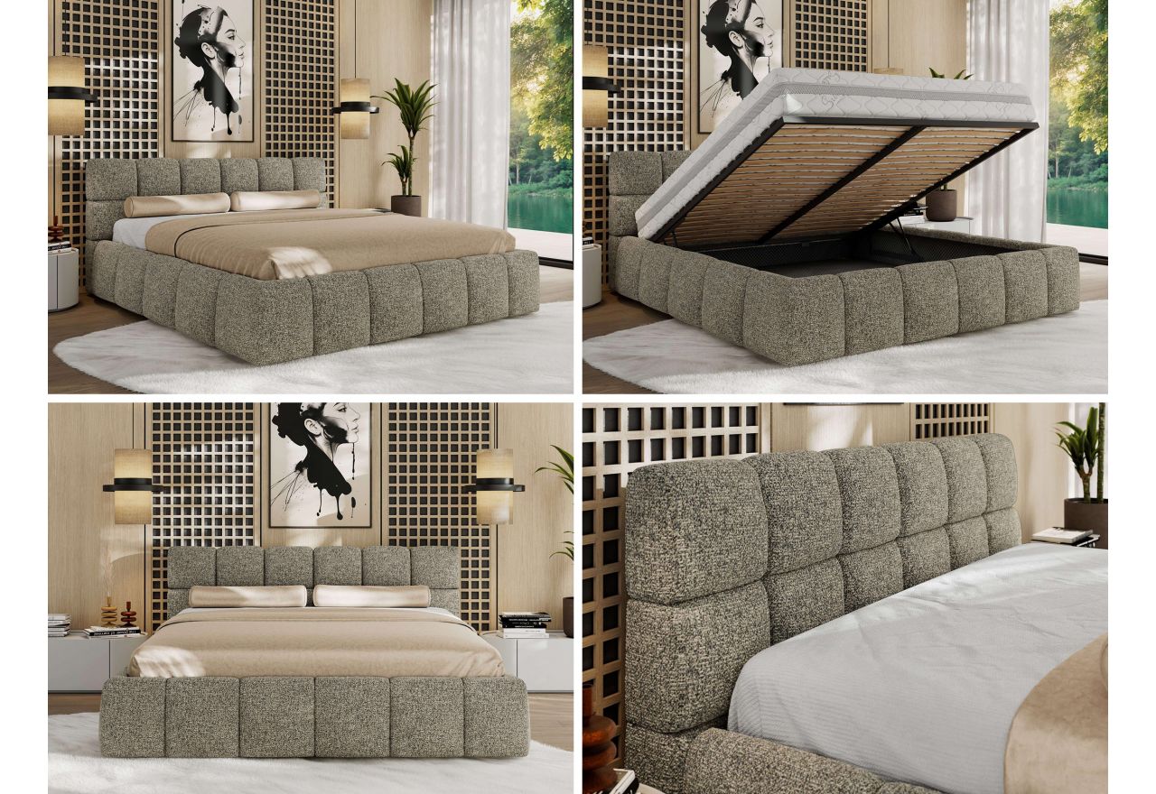 Łóżko tapicerowane NIRA CLASSIC 200x200 - materac pocket - szary, struktura