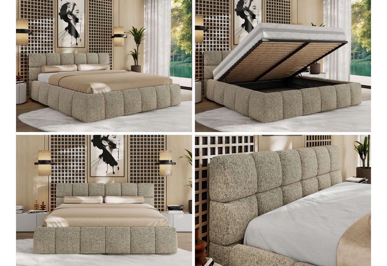 Łóżko tapicerowane NIRA CLASSIC 200x200 - materac piankowy - ciemnobeżowy, struktura