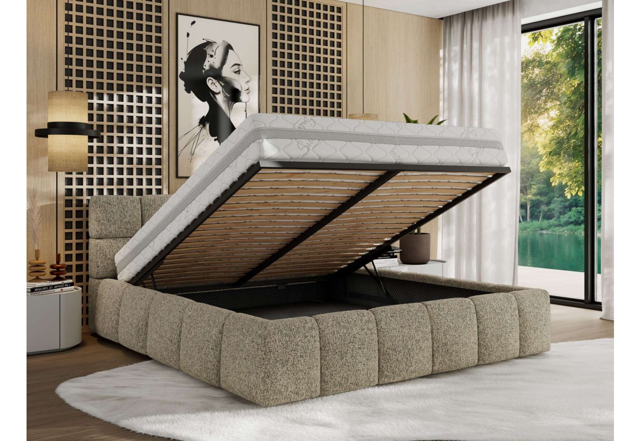 Łóżko tapicerowane NIRA CLASSIC 200x200 - materac pocket - ciemnobeżowy, struktura