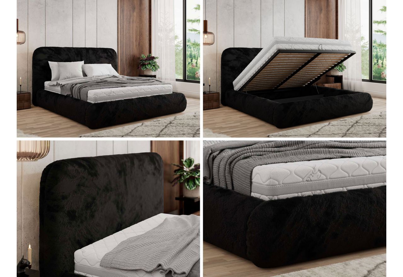 Łóżko tapicerowane BENEA CLASSIC 180x200 - materac multipocket - czarny, plusz