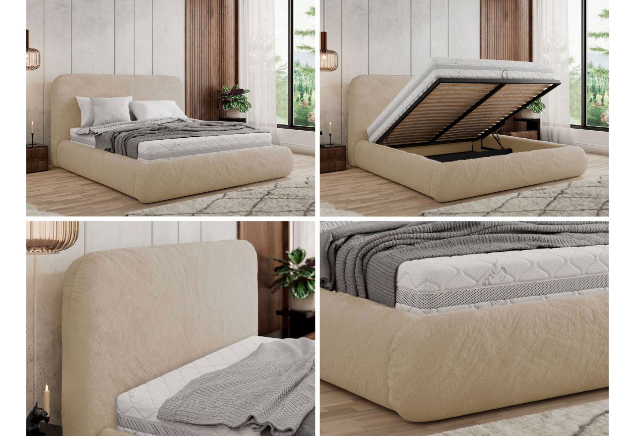 Łóżko tapicerowane BENEA CLASSIC 180x200 - materac piankowy - kremowy, plusz