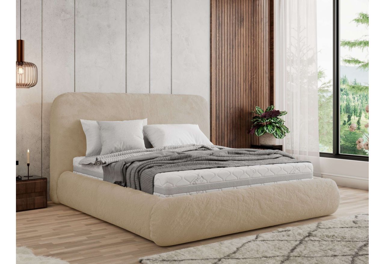 Łóżko tapicerowane BENEA CLASSIC 140x200 - materac pocket - kremowy, plusz