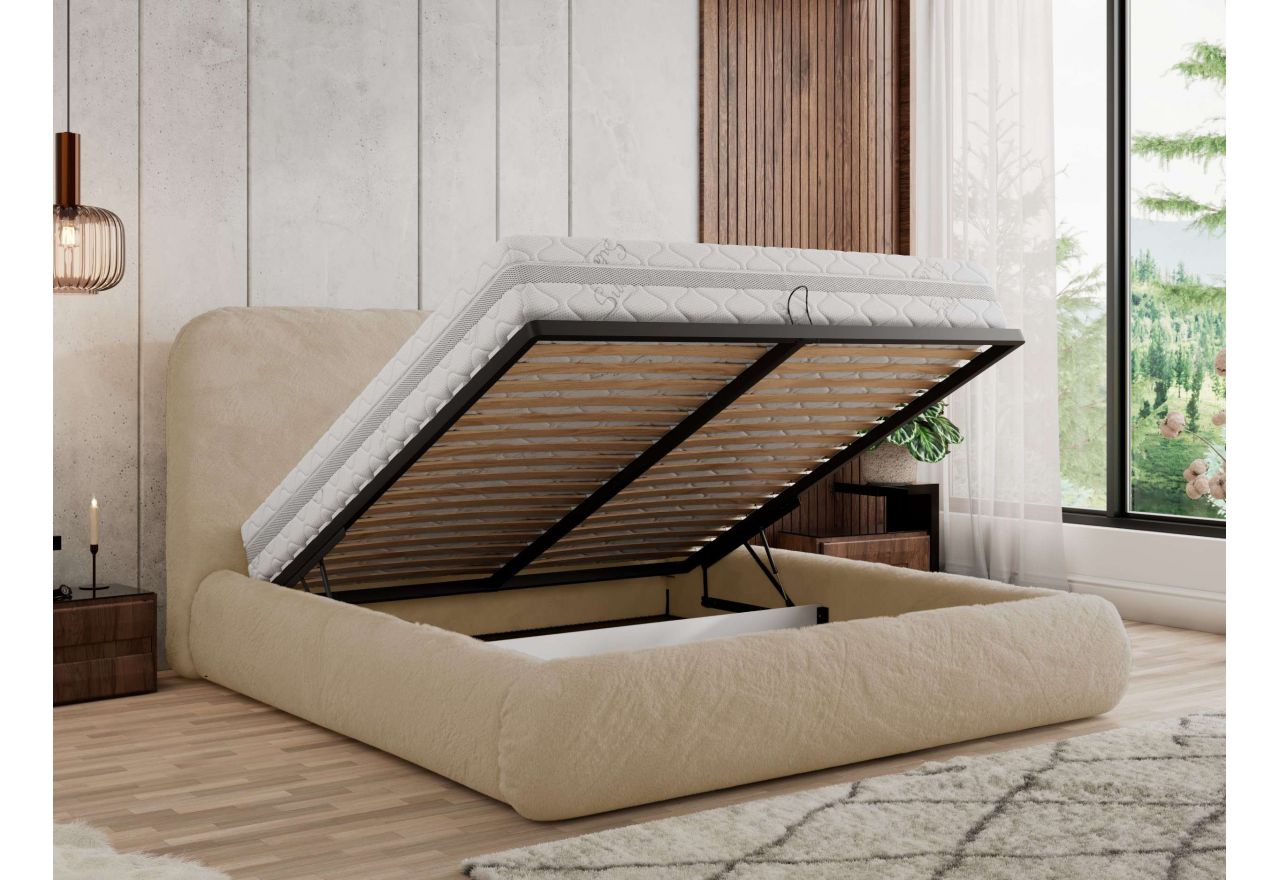 Łóżko tapicerowane BENEA CLASSIC 200x200 - materac multipocket - kremowy, plusz