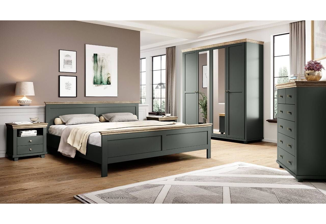 Klasyczne meble do sypialni w zestawie z łóżkiem, szafą, komodą i stolikami nocnymi - ELVAS S Dąb Lefkas / Zielony