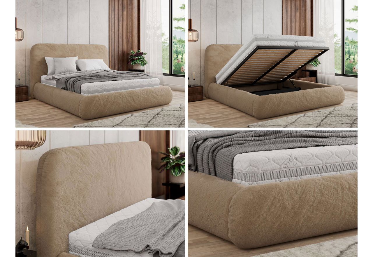 Łóżko tapicerowane BENEA CLASSIC 200x200 - materac pocket - beżowy, plusz