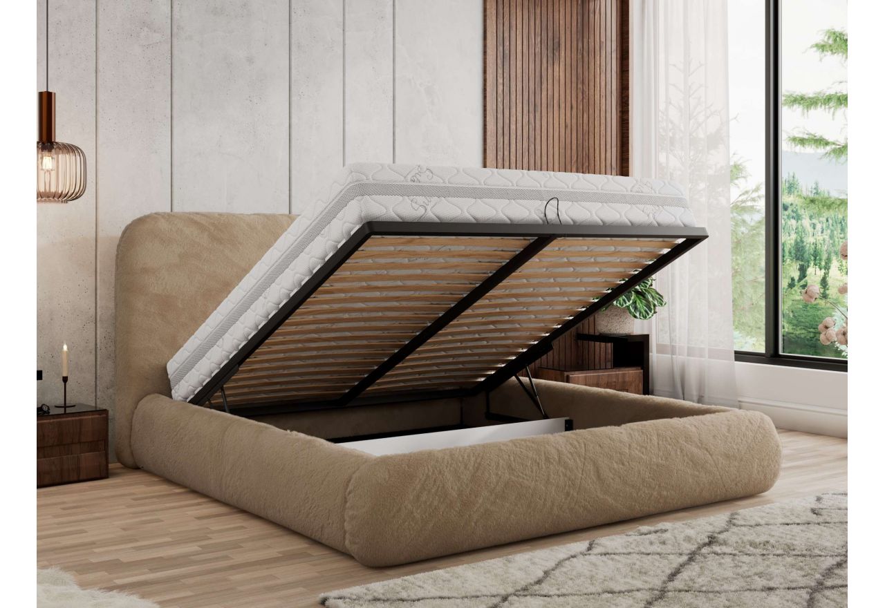 Łóżko tapicerowane BENEA CLASSIC 200x200 - materac multipocket - beżowy, plusz