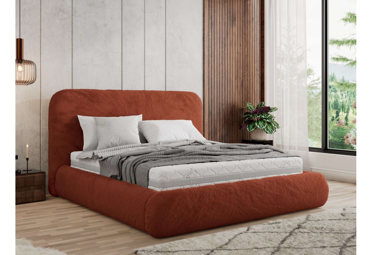 Łóżko tapicerowane BENEA CLASSIC 160x200 - materac piankowy - pomarańczowy, plusz