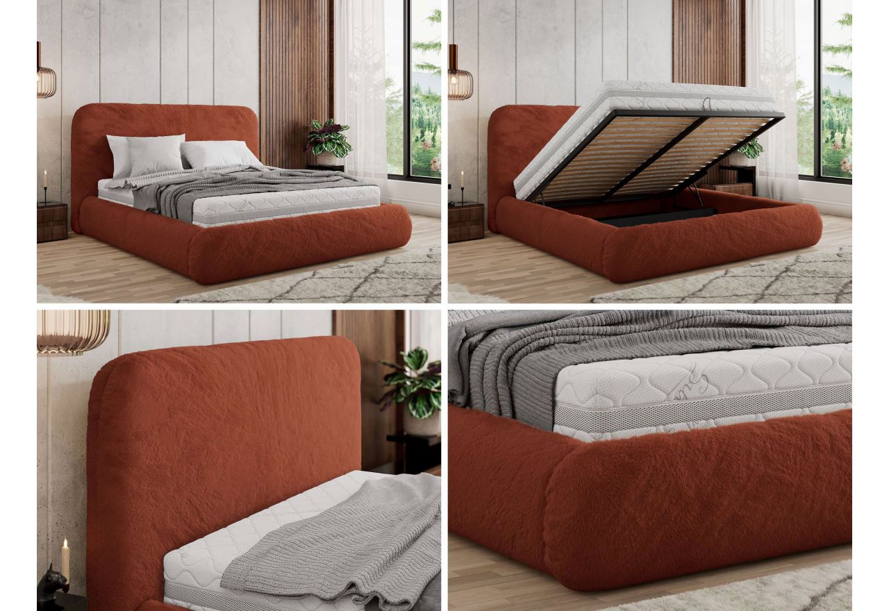 Łóżko tapicerowane BENEA CLASSIC 160x200 - materac piankowy - pomarańczowy, plusz