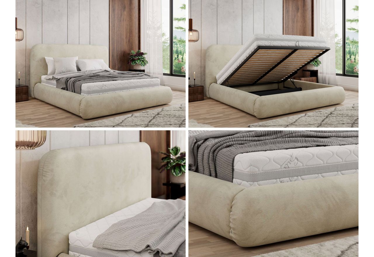 Łóżko tapicerowane BENEA CLASSIC 160x200 - materac multipocket - beżowy, welwet