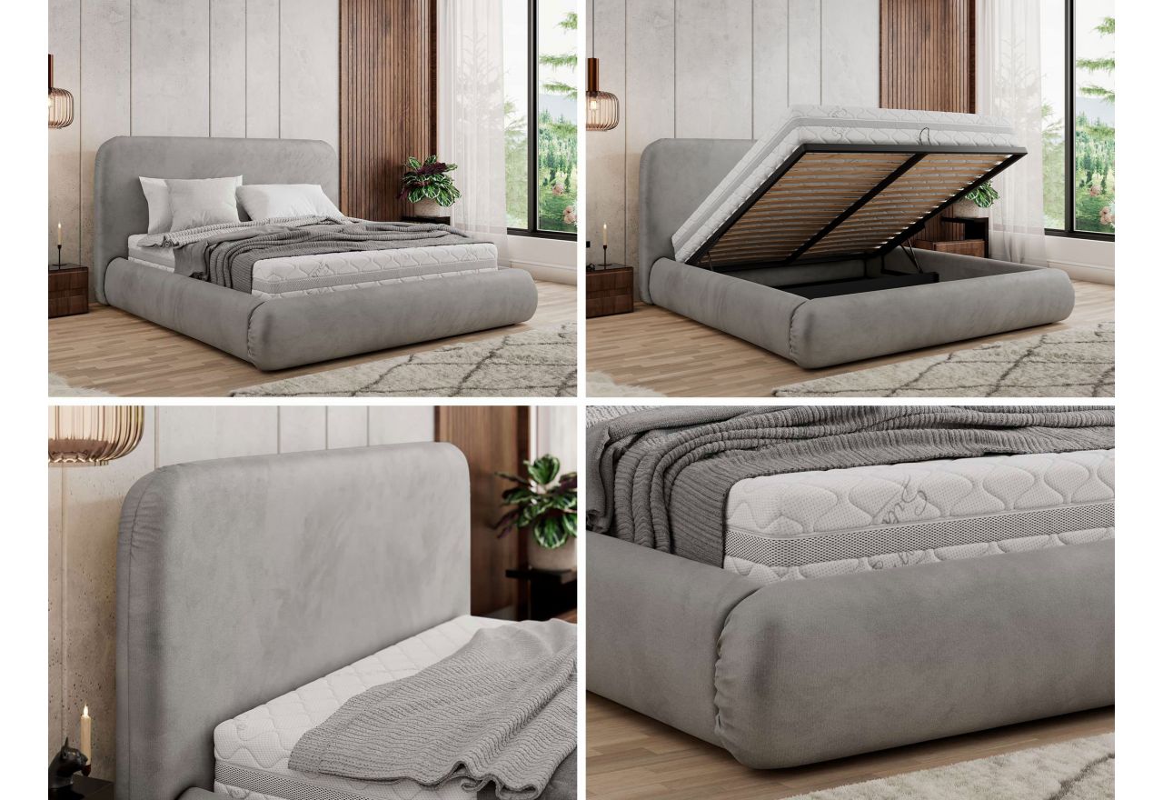 Łóżko tapicerowane BENEA CLASSIC 140x200 - materac pocket - jasnoszary, welwet