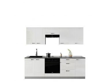 Biały zestaw mebli kuchennych, modułowe meble do nowoczesnej kuchni BLANCO 240 cm - Szary / biały połysk