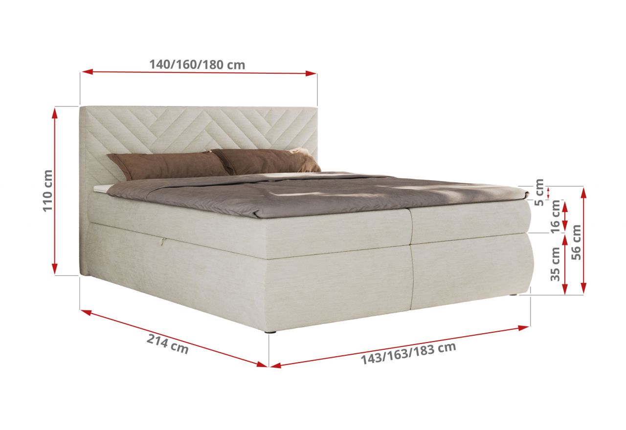 Łóżko kontynentalne AVERTA 180x200 - H3 - kremowy, szenil gładki