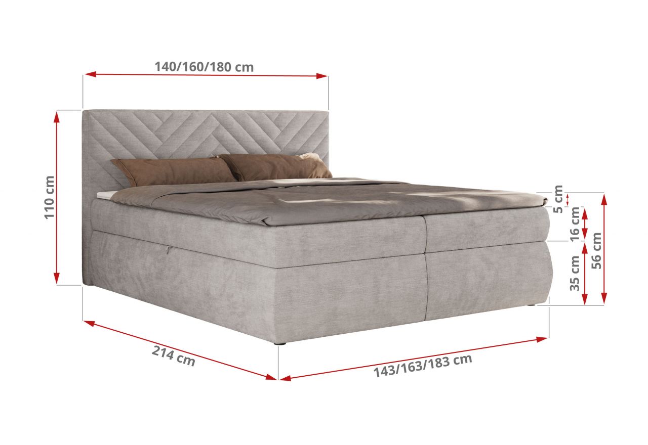 Łóżko kontynentalne AVERTA 160x200 - H3 - jasnoszary, szenil gładki