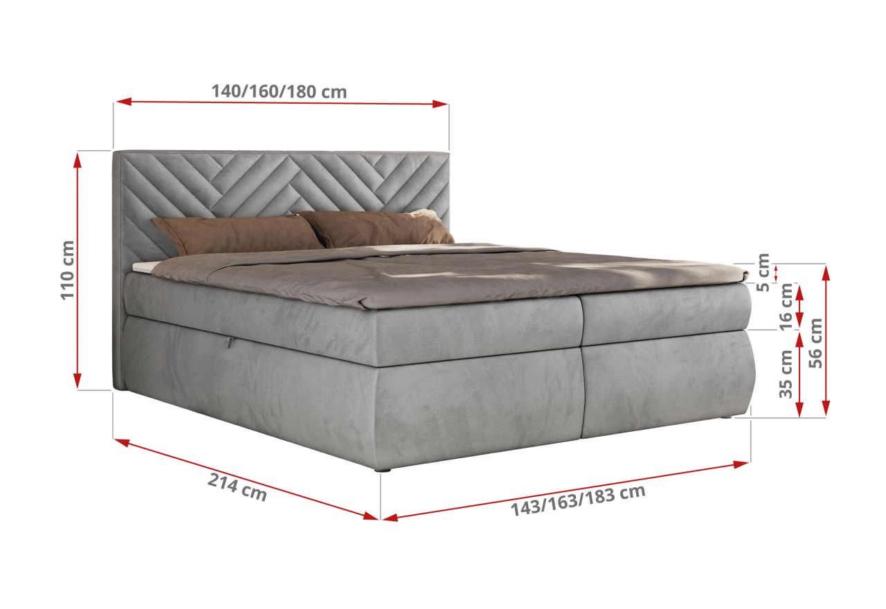 Łóżko kontynentalne AVERTA 140x200 - H4 - jasnoszary, welwet