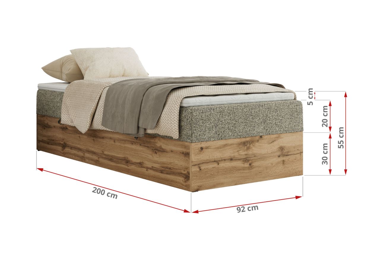 Łóżko kontynentalne WOOD ZERO 90x200 - H3 - szary, struktura - topper T25