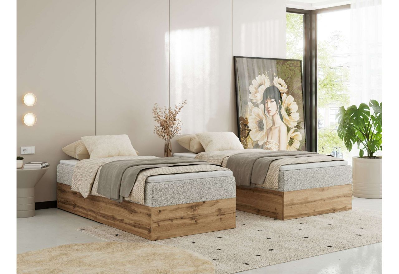 Łóżko kontynentalne WOOD ZERO 90x200 - H3 - jasnoszary, struktura - topper T25