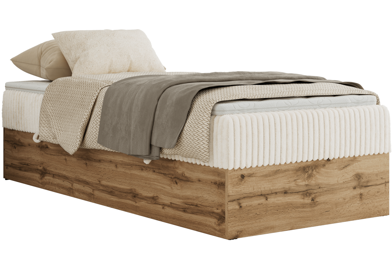Łóżko kontynentalne WOOD ZERO 90x200 - H3 - beżowy, sztruks - topper T25