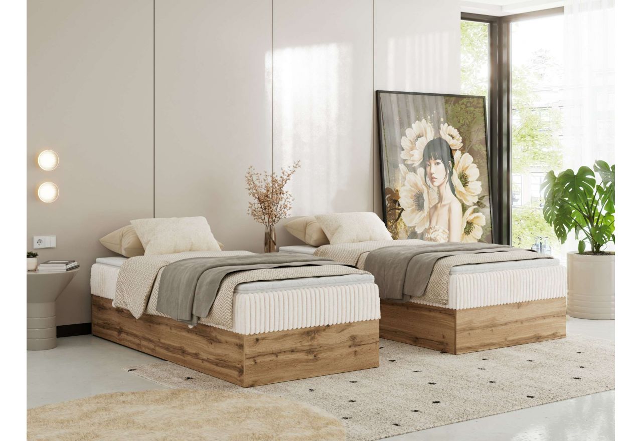 Łóżko kontynentalne WOOD ZERO 90x200 - H3 - beżowy, sztruks - topper T25