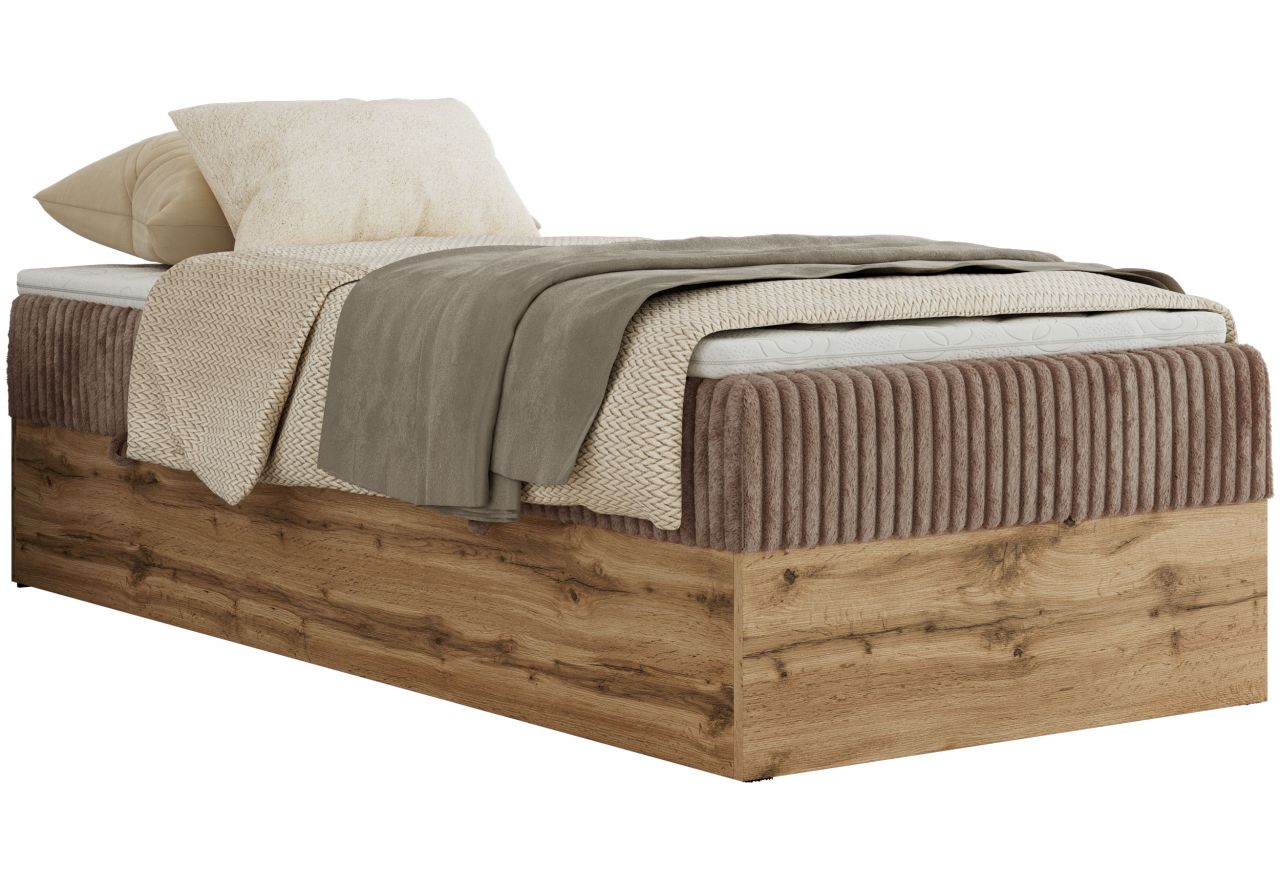 Łóżko kontynentalne WOOD ZERO 90x200 - H3 - brązowy, sztruks - topper T25