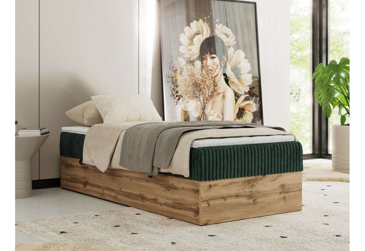 Łóżko kontynentalne WOOD ZERO 90x200 - H3 - ciemnozielony, sztruks - topper T25