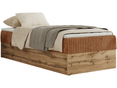 Łóżko kontynentalne WOOD ZERO 90x200 - H3 - pomarańczowy, sztruks - topper T25
