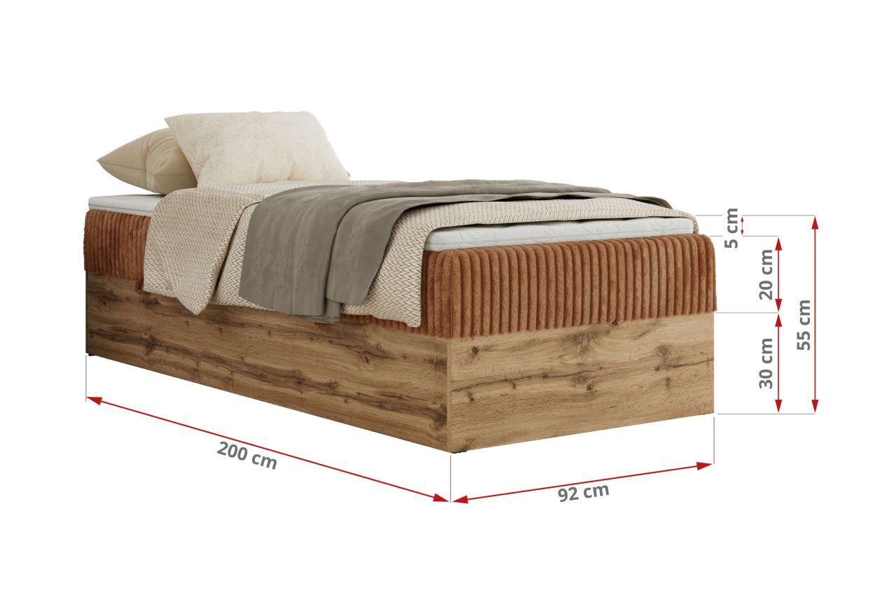 Łóżko kontynentalne WOOD ZERO 90x200 - H3 - pomarańczowy, sztruks - topper T25