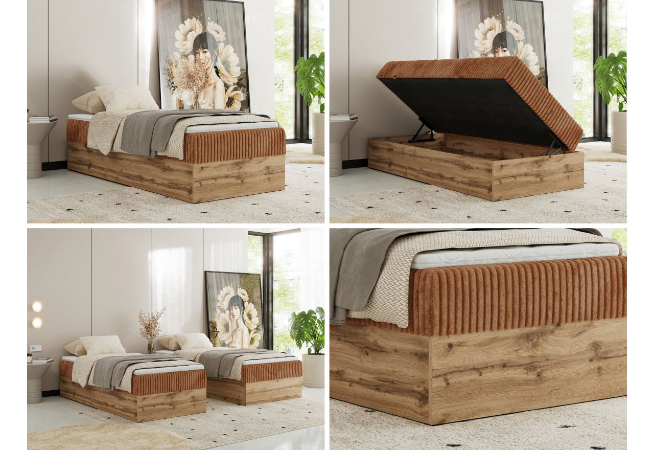 Łóżko kontynentalne WOOD ZERO 90x200 - H3 - pomarańczowy, sztruks - topper T25