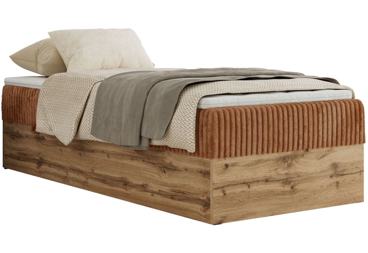 Łóżko kontynentalne WOOD ZERO 90x200 - H3 - pomarańczowy, sztruks - topper T25