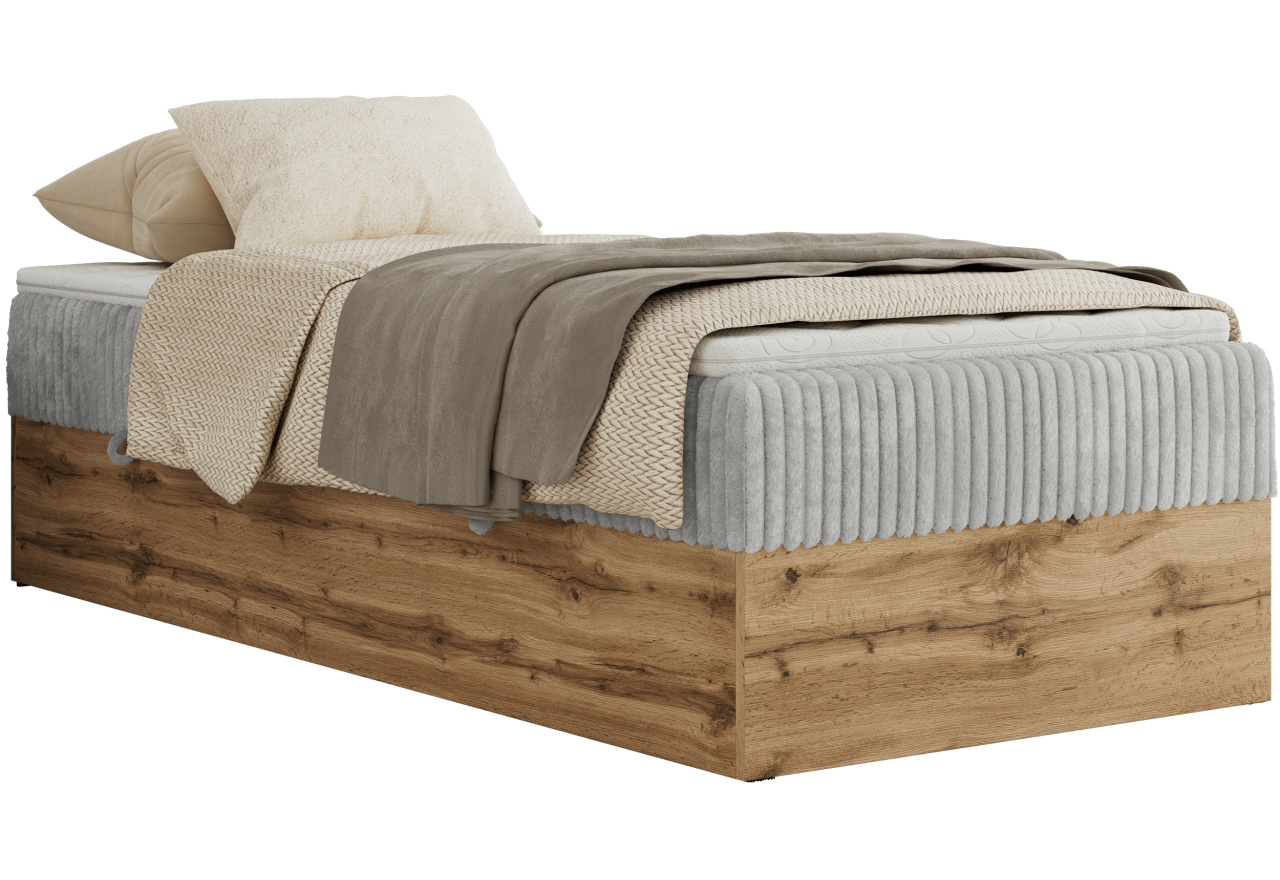 Łóżko kontynentalne WOOD ZERO 90x200 - H3 - jasnoszary, sztruks - topper T25