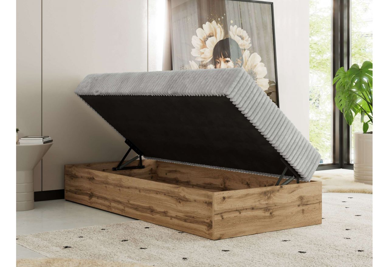Łóżko kontynentalne WOOD ZERO 90x200 - H3 - jasnoszary, sztruks - topper T25