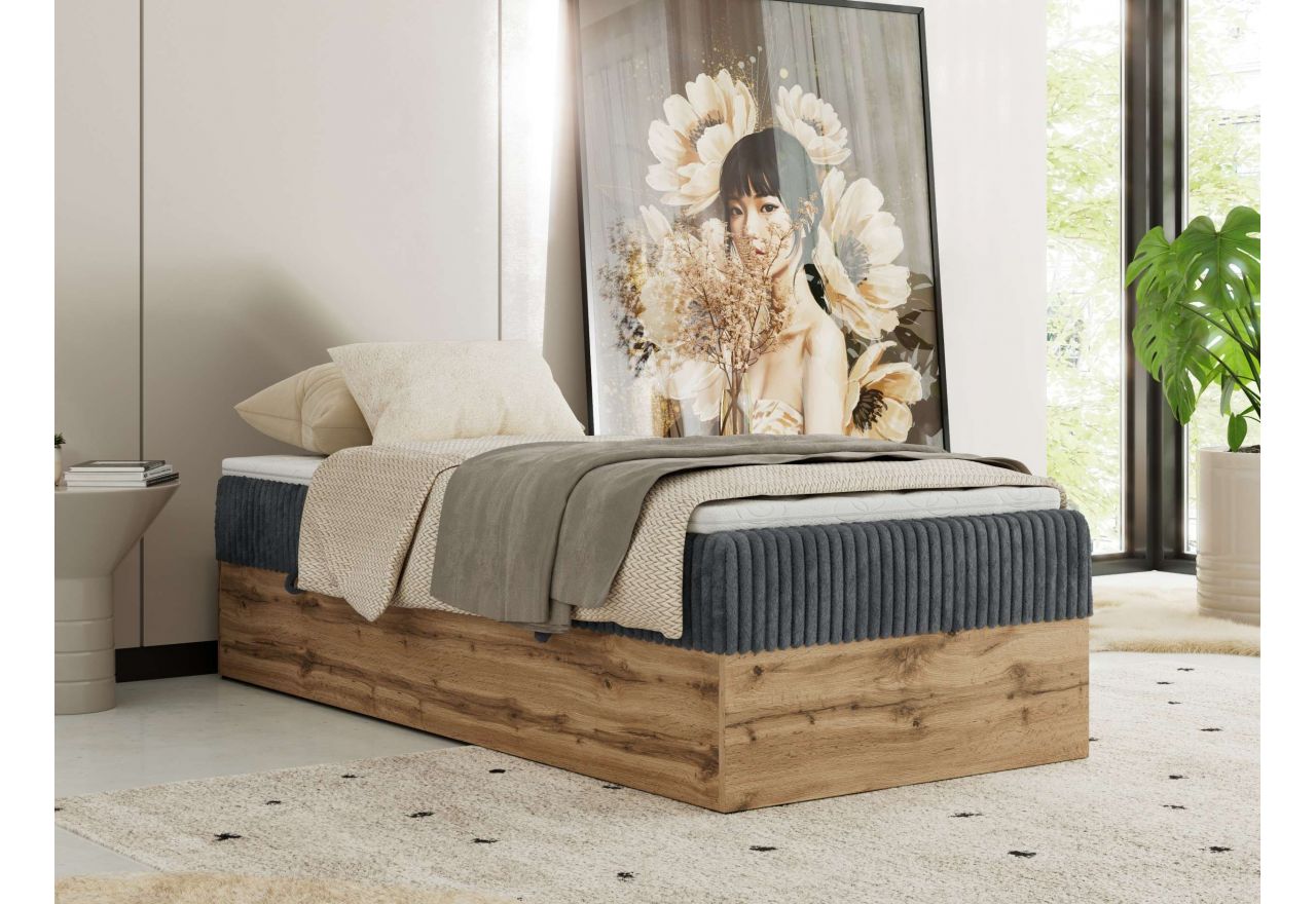 Łóżko kontynentalne WOOD ZERO 90x200 - H3 - szary, sztruks - topper T25