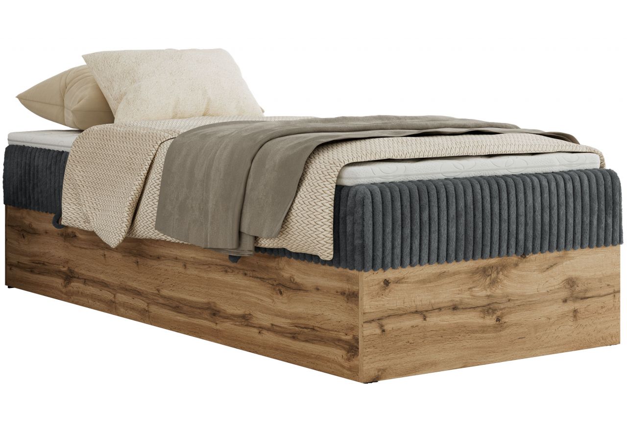 Łóżko kontynentalne WOOD ZERO 90x200 - H3 - szary, sztruks - topper T25