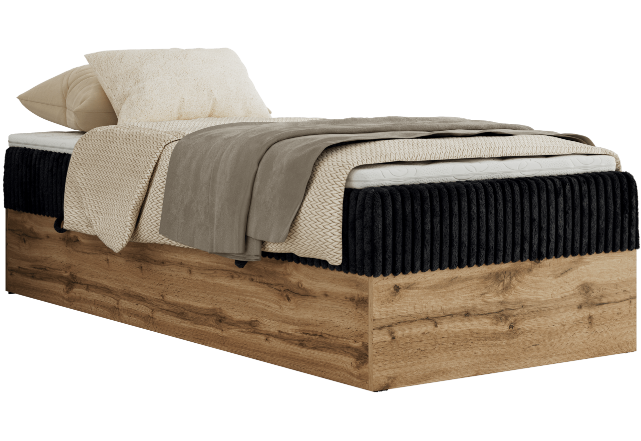 Łóżko kontynentalne WOOD ZERO 90x200 - H3 - czarny, sztruks - topper T25