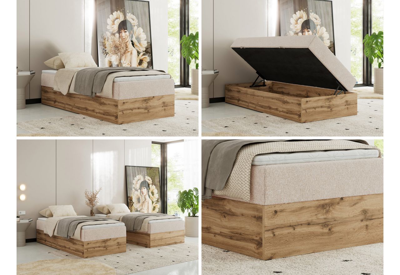 Łóżko kontynentalne WOOD ZERO 90x200 - H4 - kremowy, struktura - topper T25